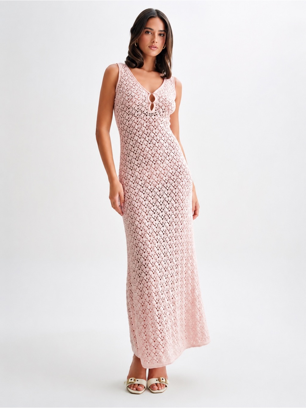 Meshki | European Summer Blush Pink Carter Crochet Beach Cover Up Maxi Dress ~ M